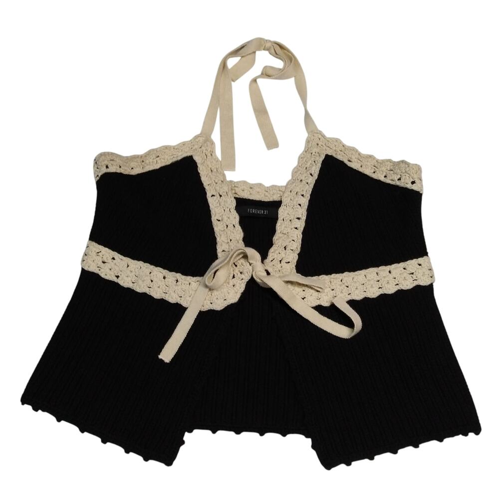 Forever 21 Black and Cream Crochet Knit Halter Top Size Small